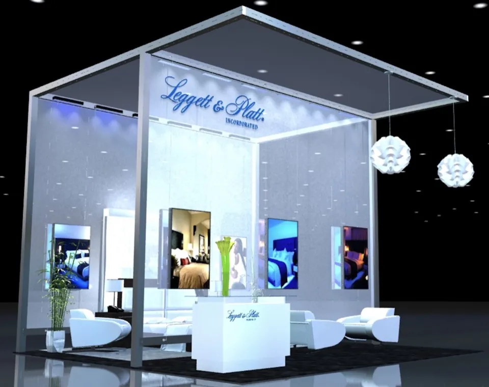 Design render of the Leggett and Platt exhibit: a lit canopy over a white lounge with hanging globe lights.