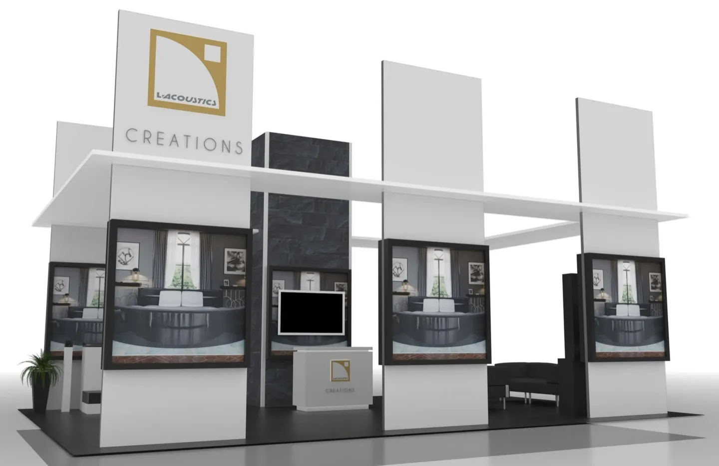 Design render of the L-Acoustics Creations exhibit: a two level structure with overhead fins and product display bays.
