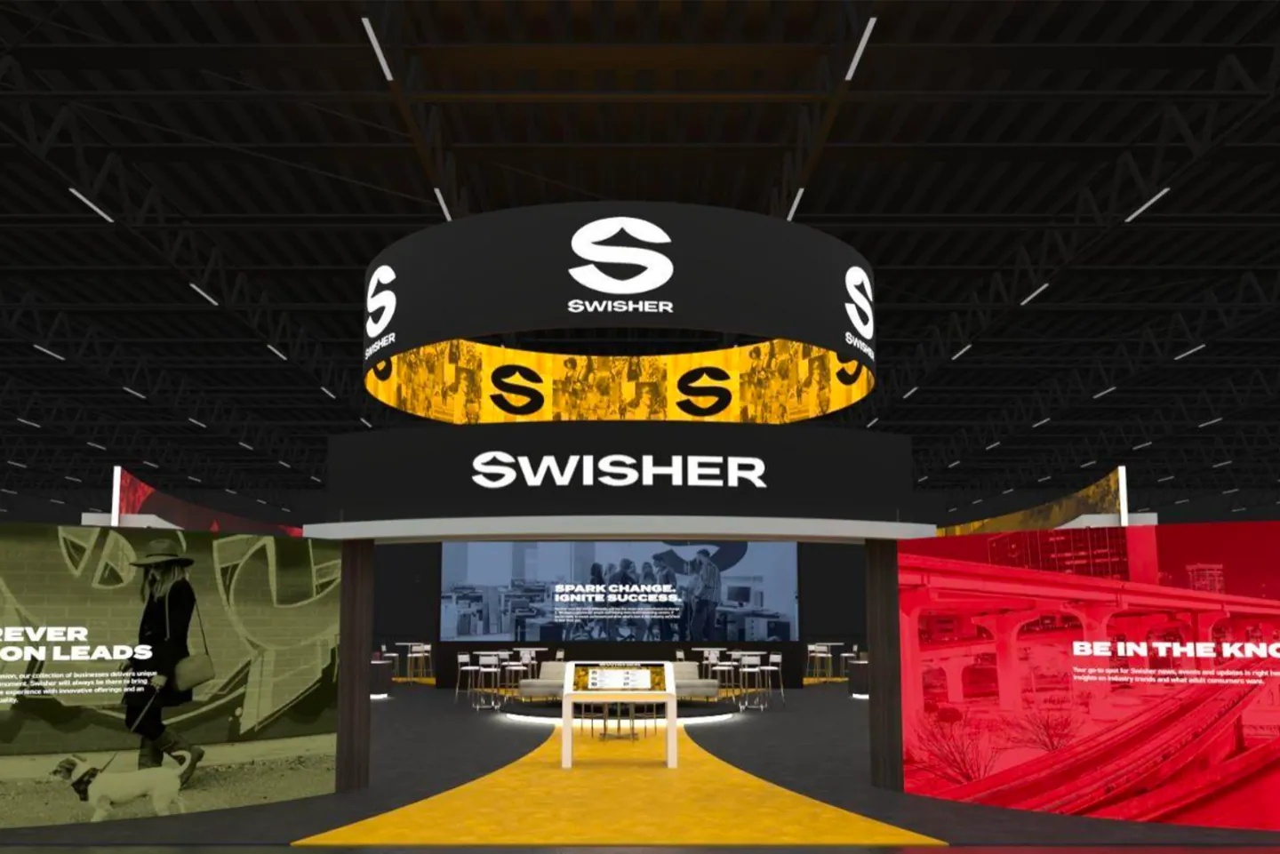Design render of the Swisher exhibit: a circular overhead sign above a raised stage and full height graphic panels.